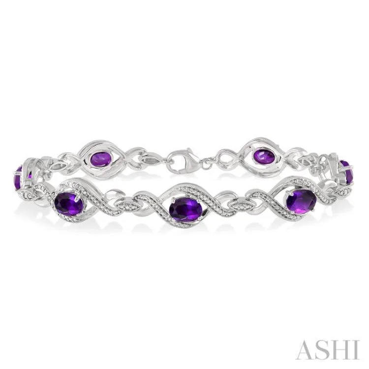 1/10 ctw Round Cut Diamond & 7x5MM Oval Cut Amethyst Semi Precious Bracelet in Silver