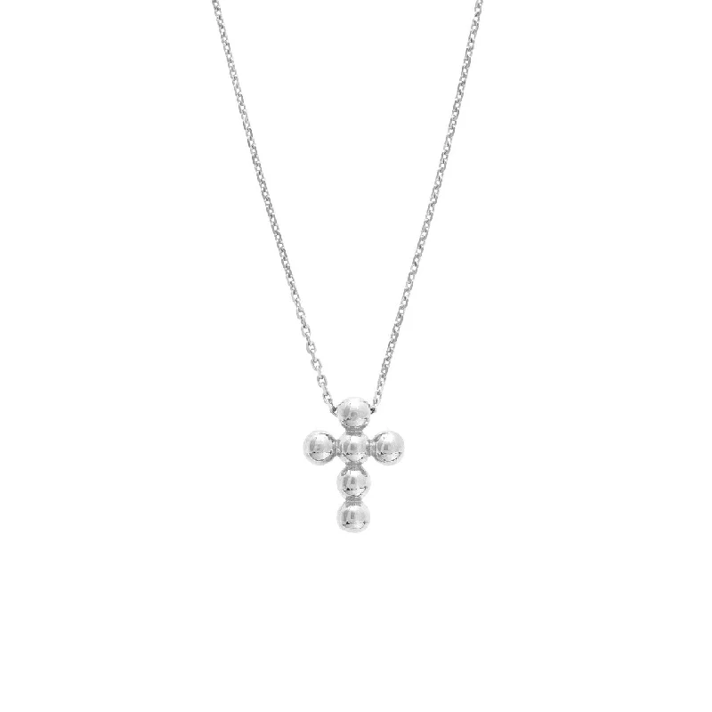 14K White Gold Beaded Mini Cross Pendant Necklace