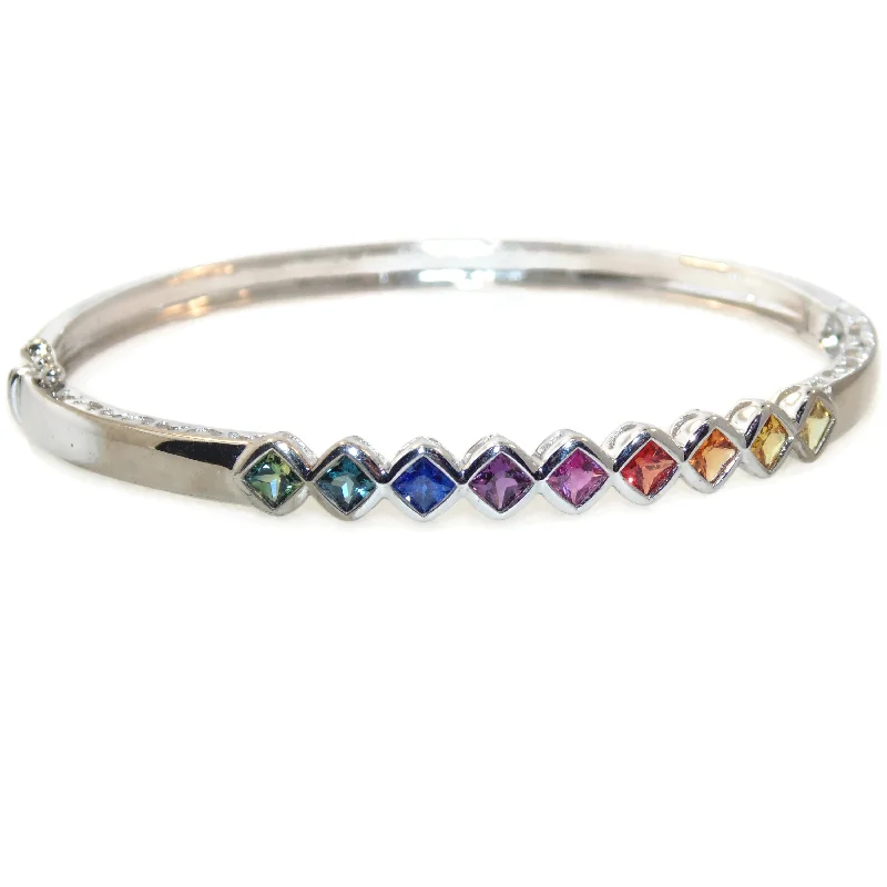 14K White Gold Rainbow Sapphire Princess Cut Bangle Bracelet