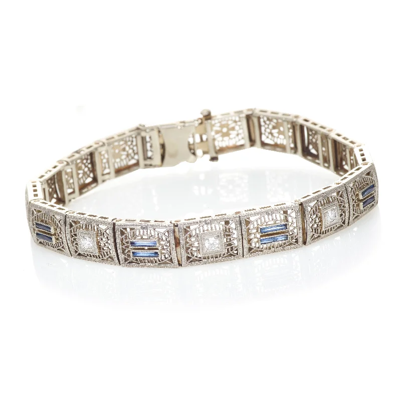 1930's Vintage Art Deco Paneled Carved Bracelet with Diamonds and Sapphires in 14k White Gold