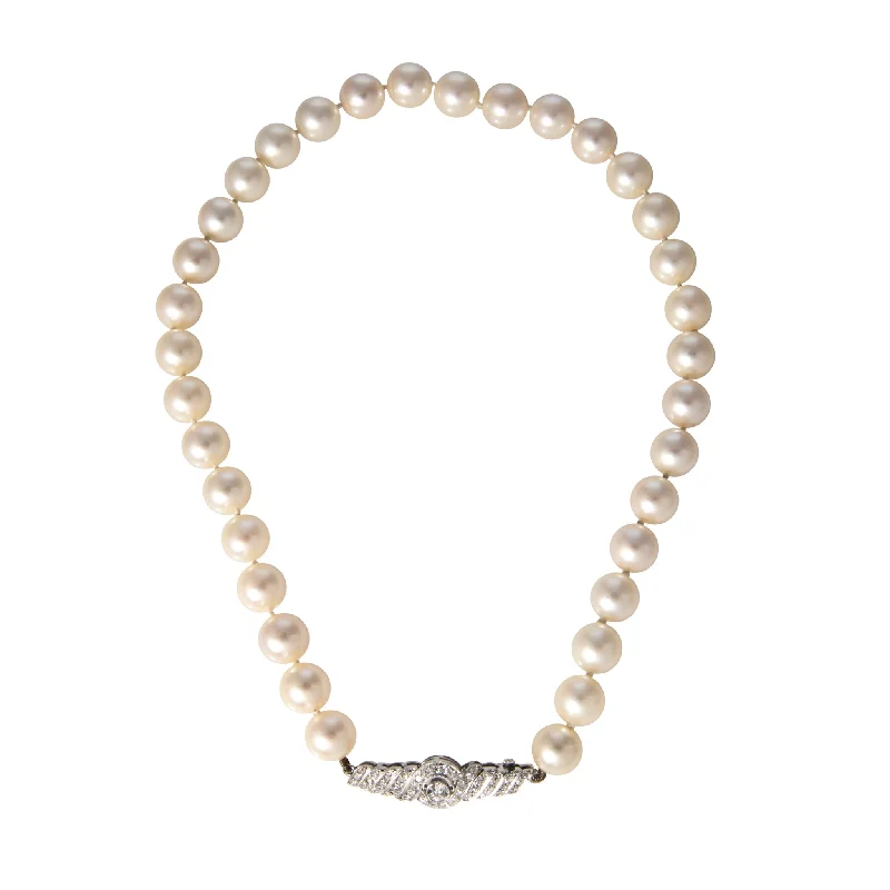 Art Deco Cultured Pearl Strand & Diamond 14K Gold Clasp Necklace