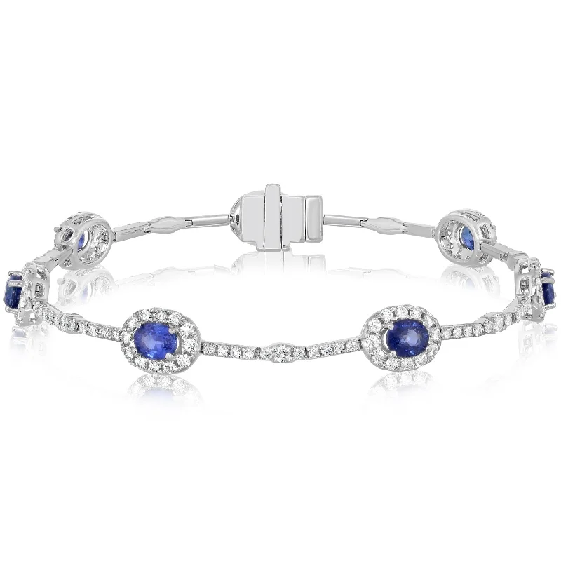 Blue Oval Sapphire & Diamond Halo Bracelet