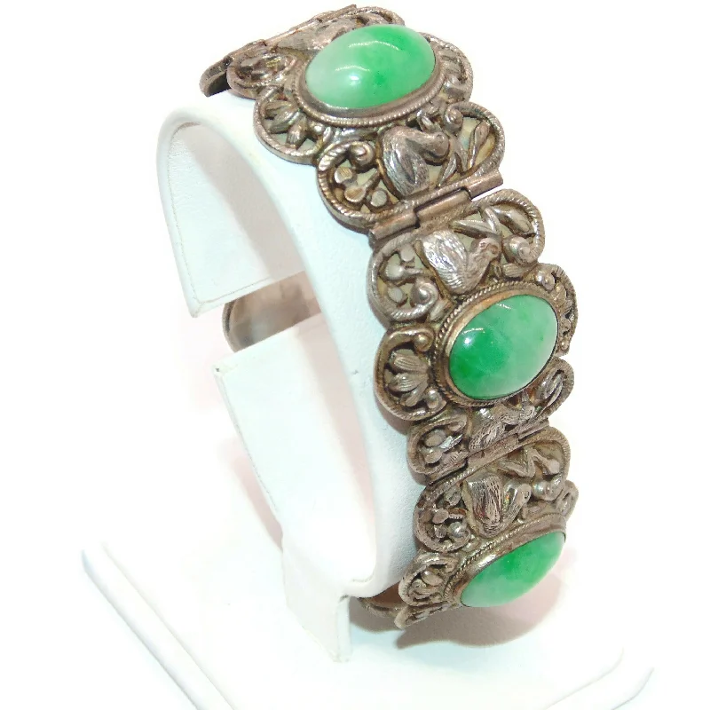 Vintage Ornate Green White Jade Bracelet in Sterling Silver Carved