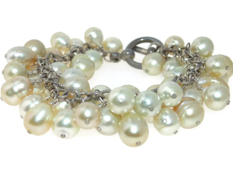 Estate Statement White Cream Cha Cha Charms Freshwater Pearls Bracelet in Sterling Silver