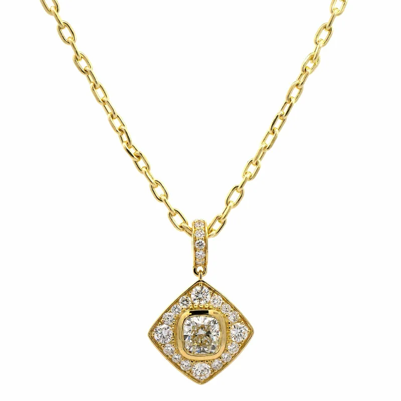 18K Yellow Gold Bezel Set Pave Diamond Pendant Necklace