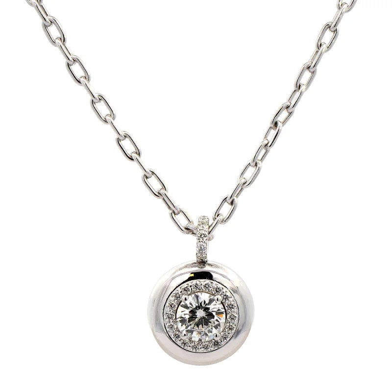 18K White Gold Bezel Round Diamond Pendant Necklace