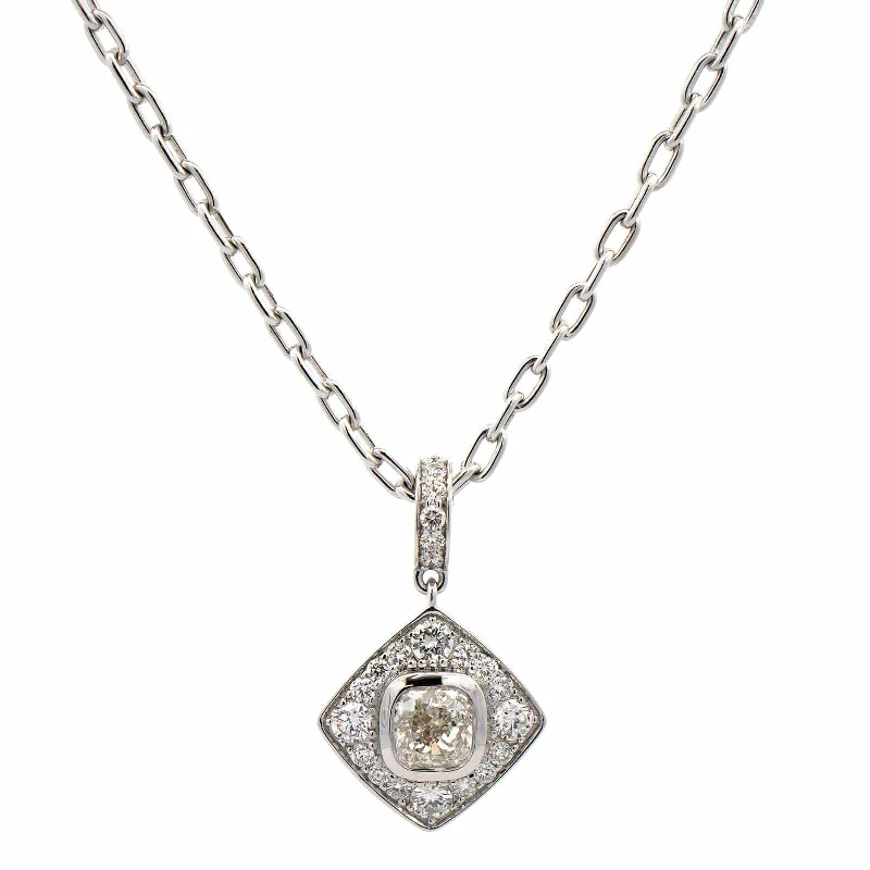 18K White Gold Bezel Set Pave Diamond Pendant Necklace