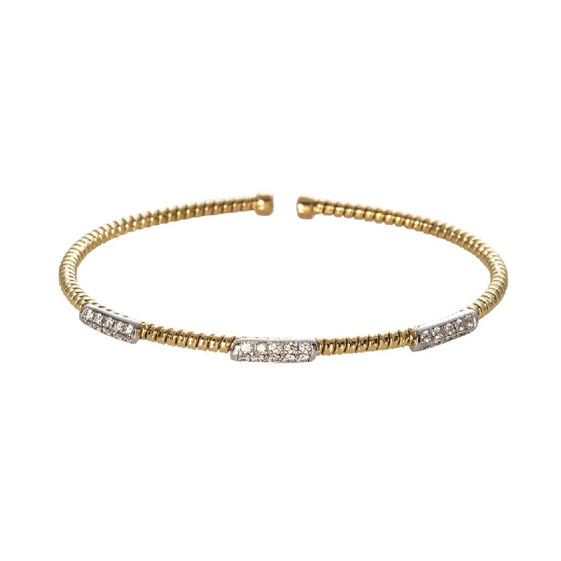 Diamond 3 Station 18K Yellow Gold Flexible Cuff Bangle