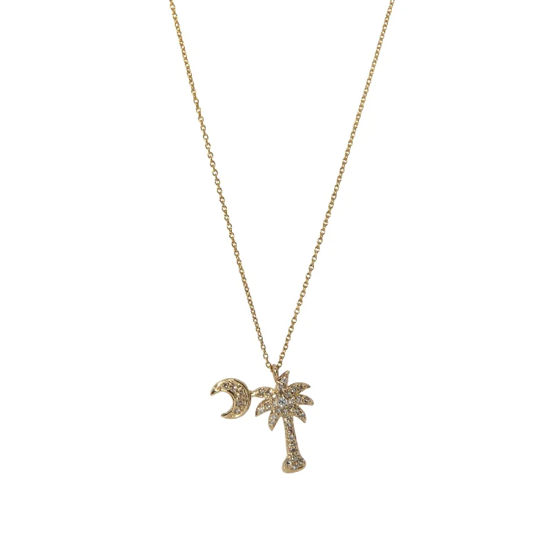 Diamond Palmetto Tree & Crescent 14K Yellow Gold Pendant Necklace