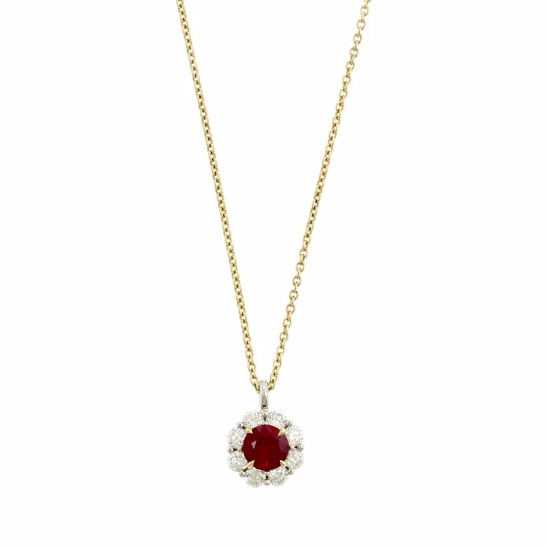 18K Yellow Gold & Platinum Diamond Halo & Ruby Necklace