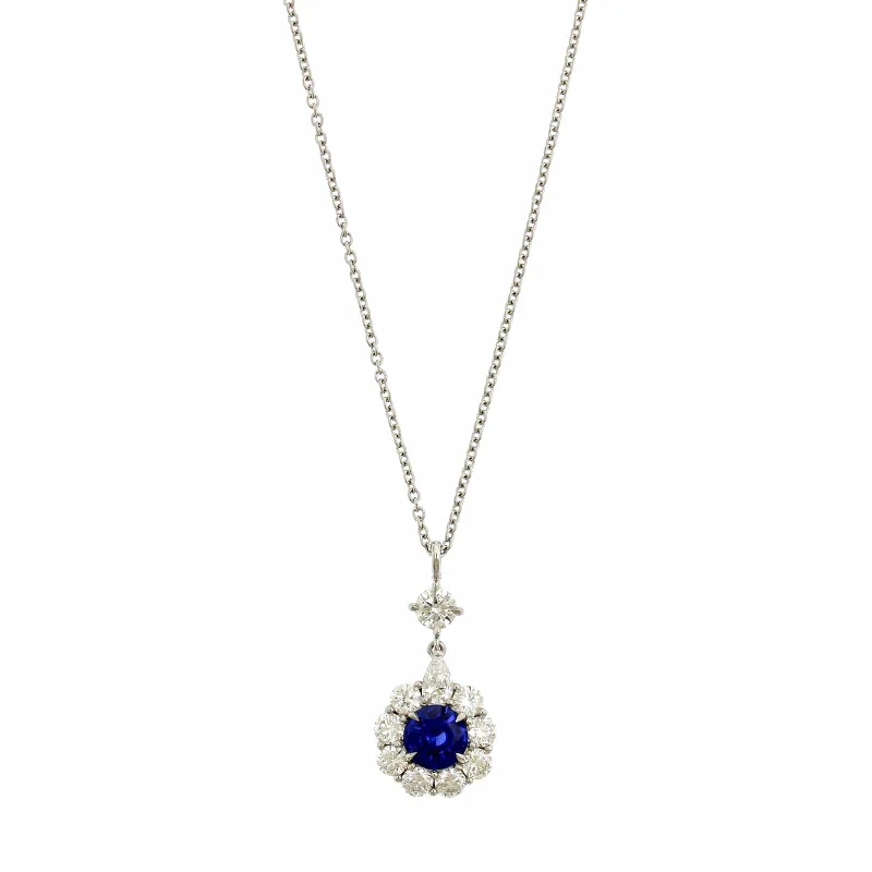 Platinum Diamond Halo & Blue Sapphire Necklace