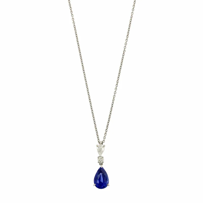 Platinum Diamond & Pear Shaped Sapphire Drop Necklace