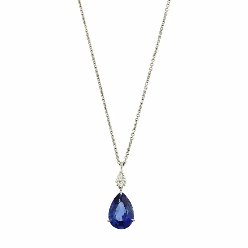 Platinum Diamond & Pear Shaped Sapphire Drop Necklace