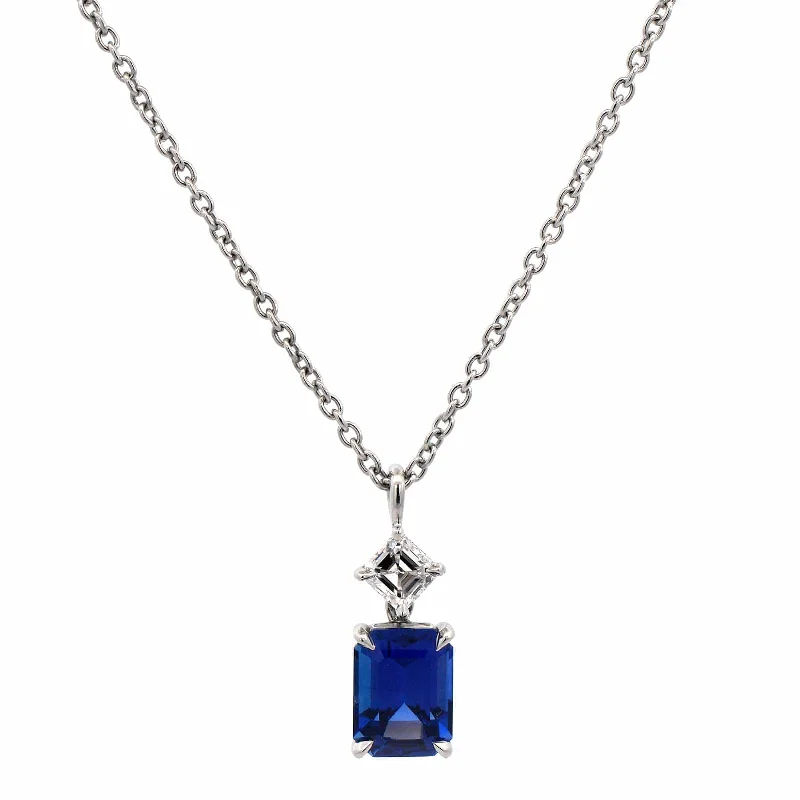 Platinum Diamond & Emerald Cut Sapphire Pendant Necklace