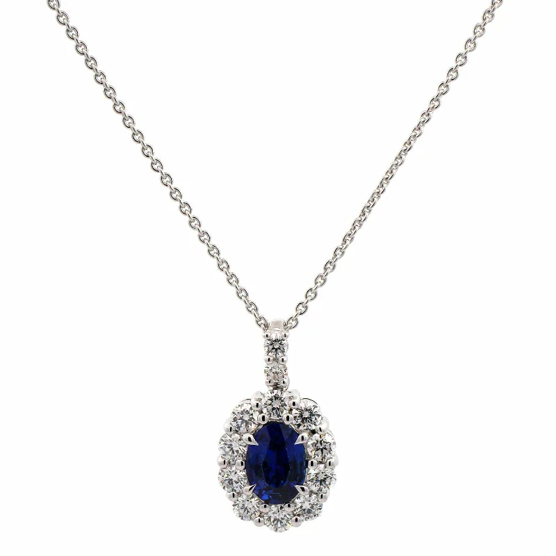 Platinum Diamond & Oval Sapphire Pendant Necklace