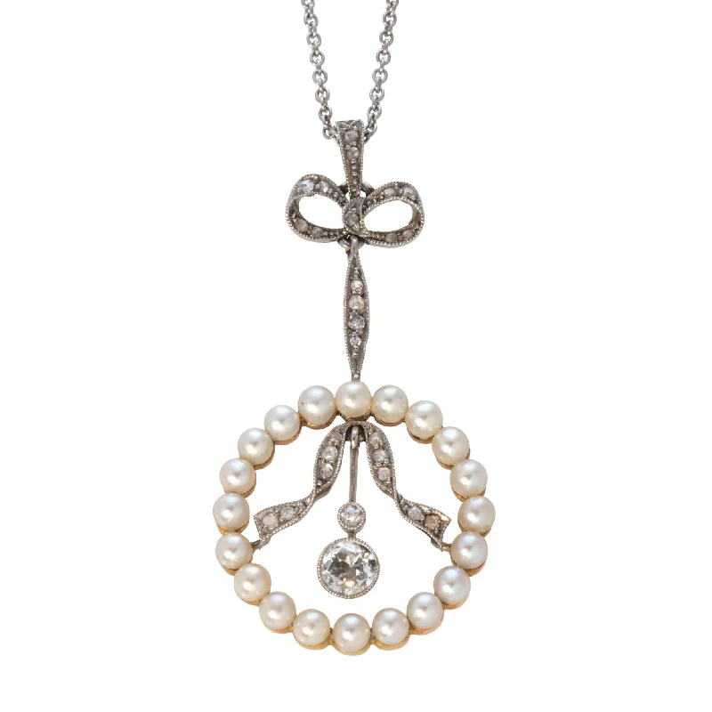 Edwardian Diamond & Pearl Bow Pendant