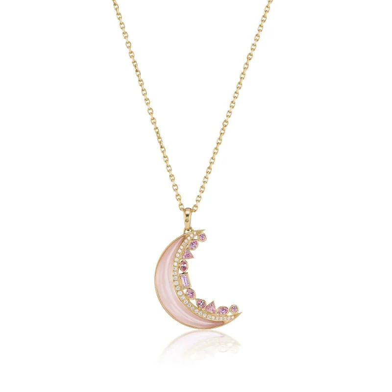 18K Yellow Gold Opal, Sapphire, and Diamond Crescent Moon Pendant