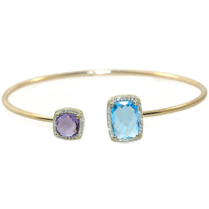 Fabulous 14k Yellow Gold Open Cuff Diamond Halo Amethyst Blue Topaz Bracelet