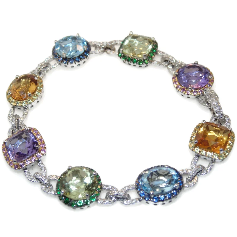 Gorgeous Statement Diamonds Blue Topaz Citrine Amethyst Peridot Sapphires Aquamarine Tsavorites Pink Sapphires Bracelet in 14k White Gold