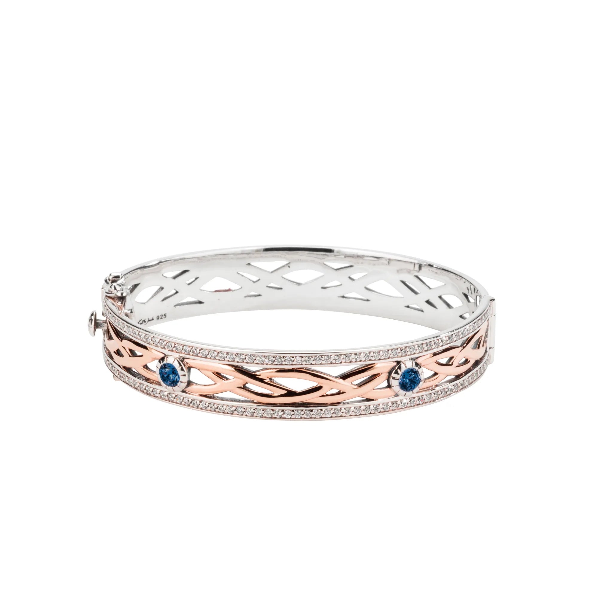 Keith Jack Sterling Silver Oxidized + 10k Rose with White and Blue CZ Brave Heart Bangle Extra Large size