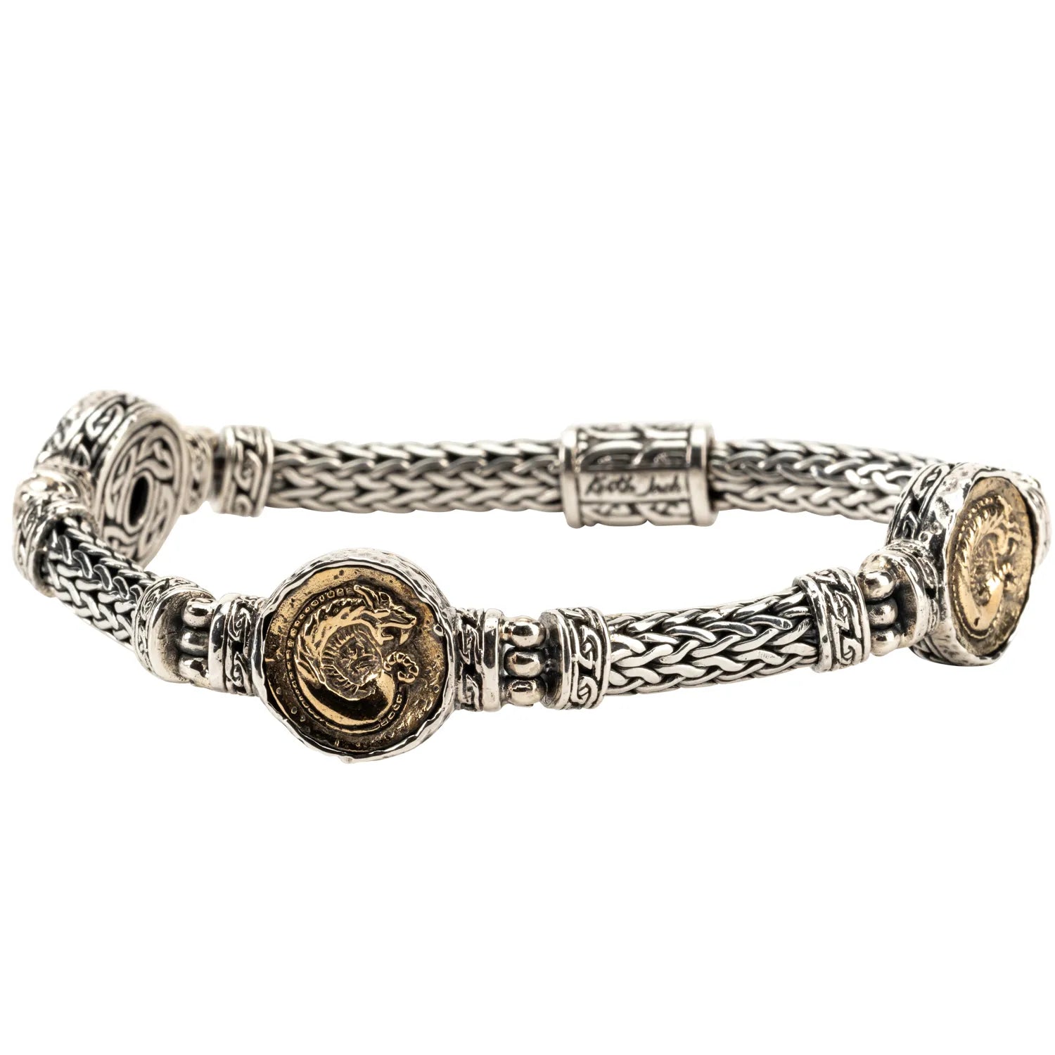 Keith Jack Sterling Silver Oxidized + Bronze Dragon Spirit Coin Woven Bracelet