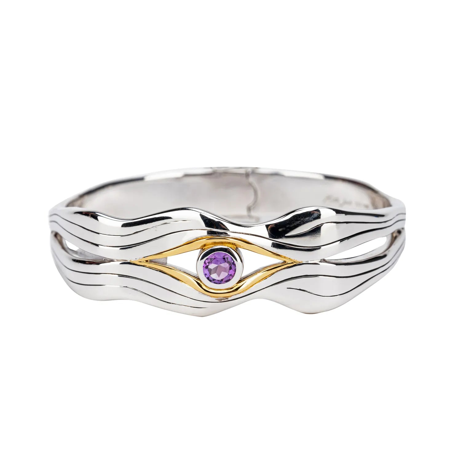 Keith Jack Sterling Silver Rhodium + 10k Amethyst Rocks 'n Rivers Bangle