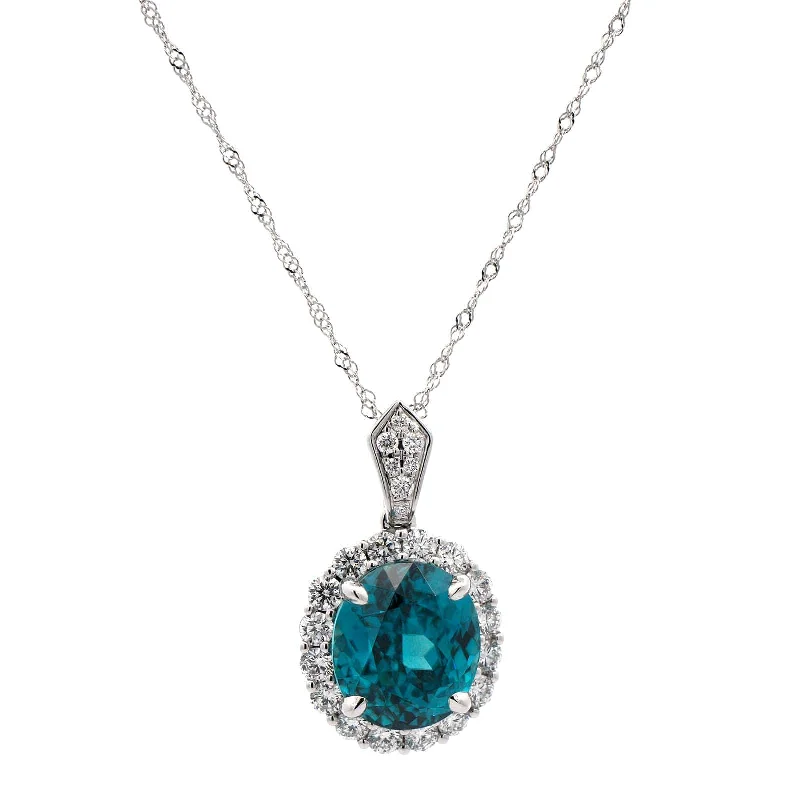 18K White Gold Blue Zircon Diamond Halo Necklace