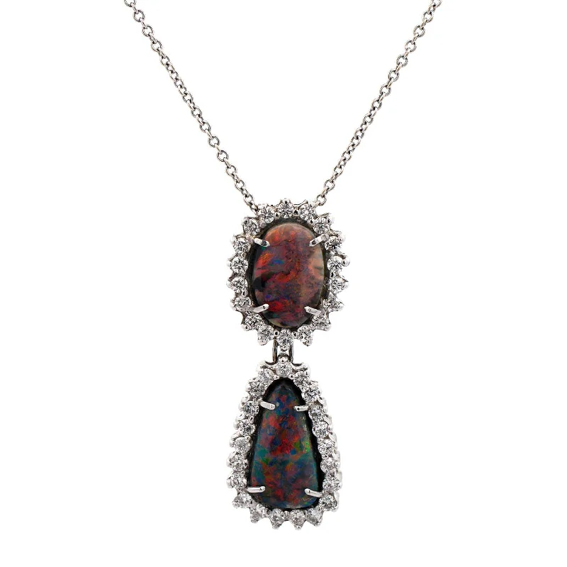 18K White Gold Opal and Diamond Halo Pendant Necklace