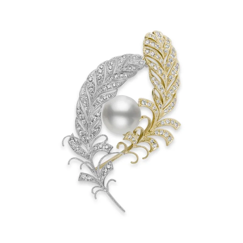 Mikimoto White South Sea Pearl and Diamond Brooch in 18K White & Yellow Gold