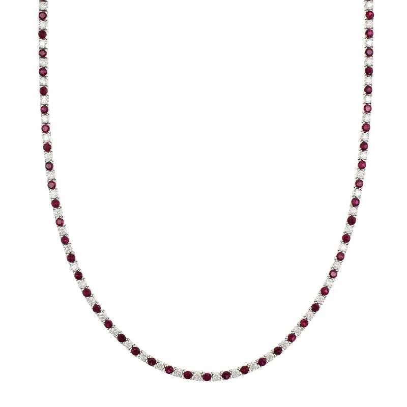 18K White Gold Round Ruby and Diamond Necklace