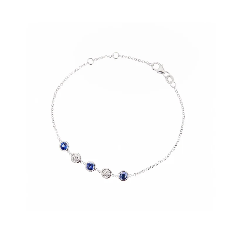 Sabel Collection 18K White Gold Round Sapphire and Round Diamond Station Bracelet