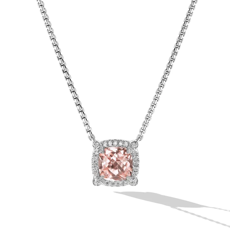 Petite Chatelaine® Pavé Bezel Pendant Necklace in Sterling Silver with Morganite and Diamonds, 7mm