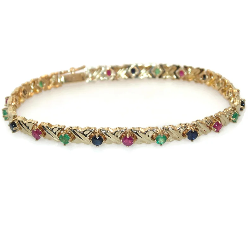 Vintage Estate 14K Yellow Gold Emerald Ruby Sapphire Tennis XO Bracelet