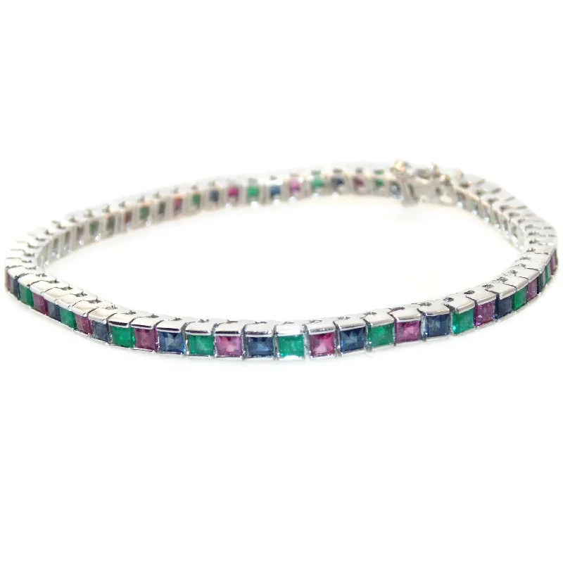 Vintage Estate 14K White Gold Emerald Ruby Sapphire Tennis Bracelet