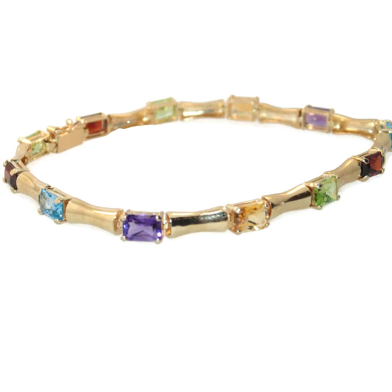 Vintage Estate 14K Yellow Gold Rainbow Semi-Precious Stones Emerald Cut Tennis Bracelet